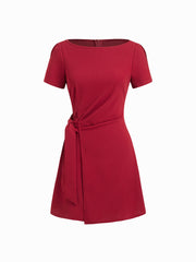 Boat Neck Ruched Knotted Split Sleeve Mini Dress