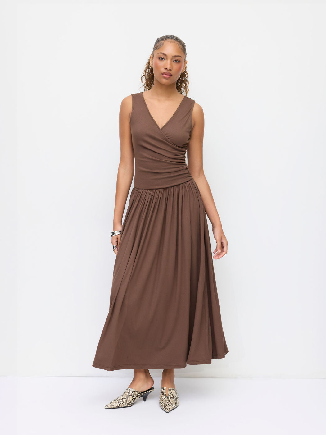V-neck Wrap Ruched Flared Maxi Dress