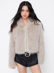 Faux Fur Hooded Zip Through Long Sleeve Jacket