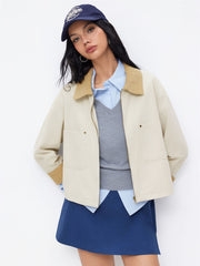 Cotton-blend Collar Long Sleeve Zip Through Two Tone Jacket