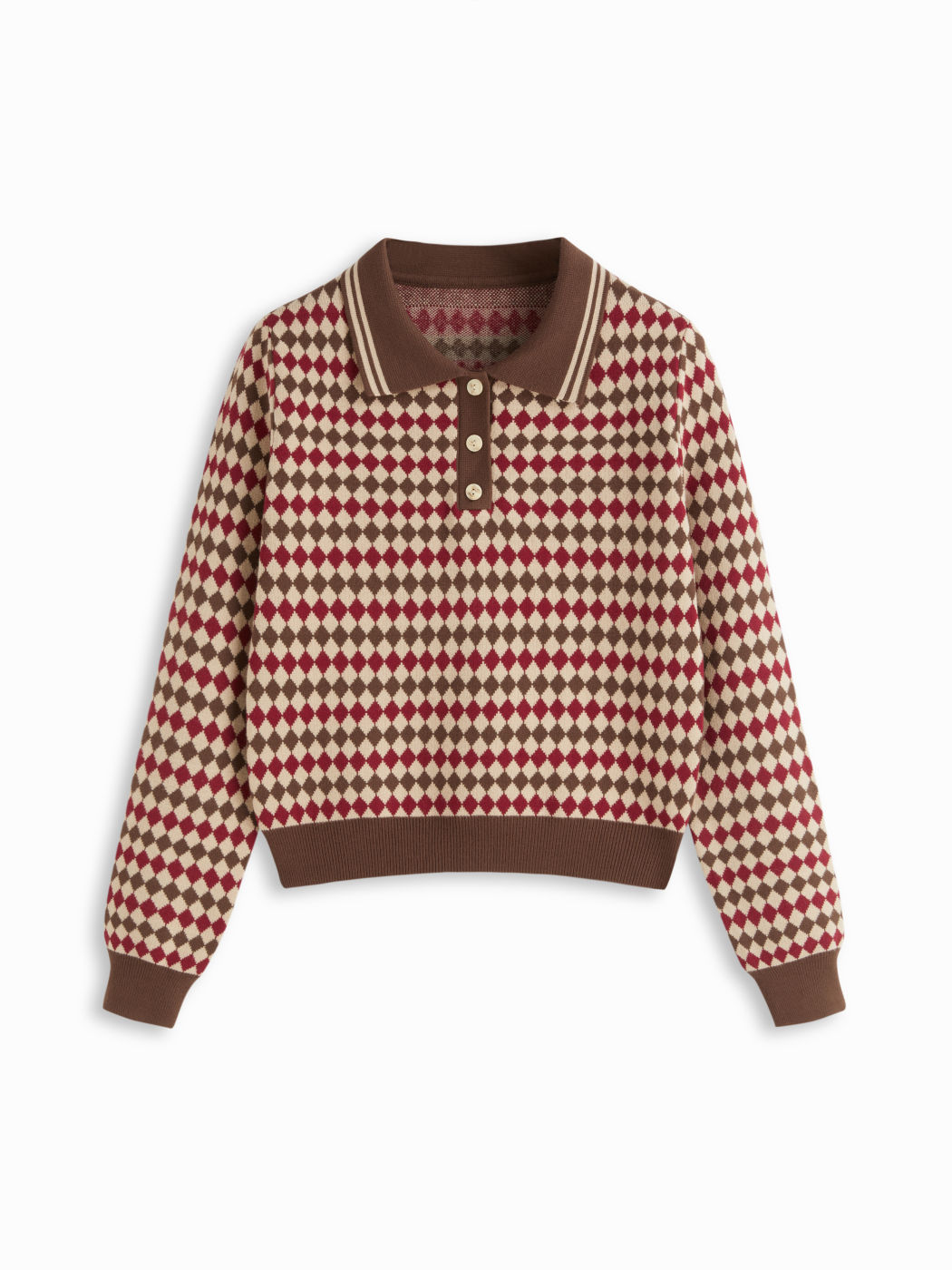 Knit Polo Collar Argyle Pattern Top