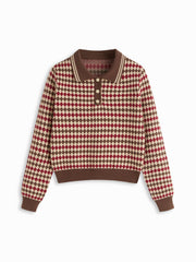 Knit Polo Collar Argyle Pattern Top