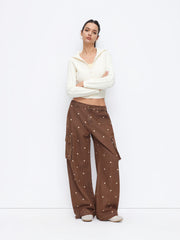 Denim Polka Dot Low Rise Oversized Wide Leg Cargo Jeans
