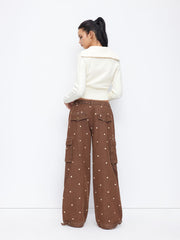 Denim Polka Dot Low Rise Oversized Wide Leg Cargo Jeans