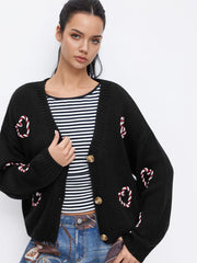 Knit Heart Graphic V-neck Button Long Sleeve Oversized Cardigan