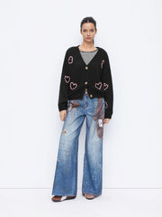 Knit Heart Graphic V-neck Button Long Sleeve Oversized Cardigan