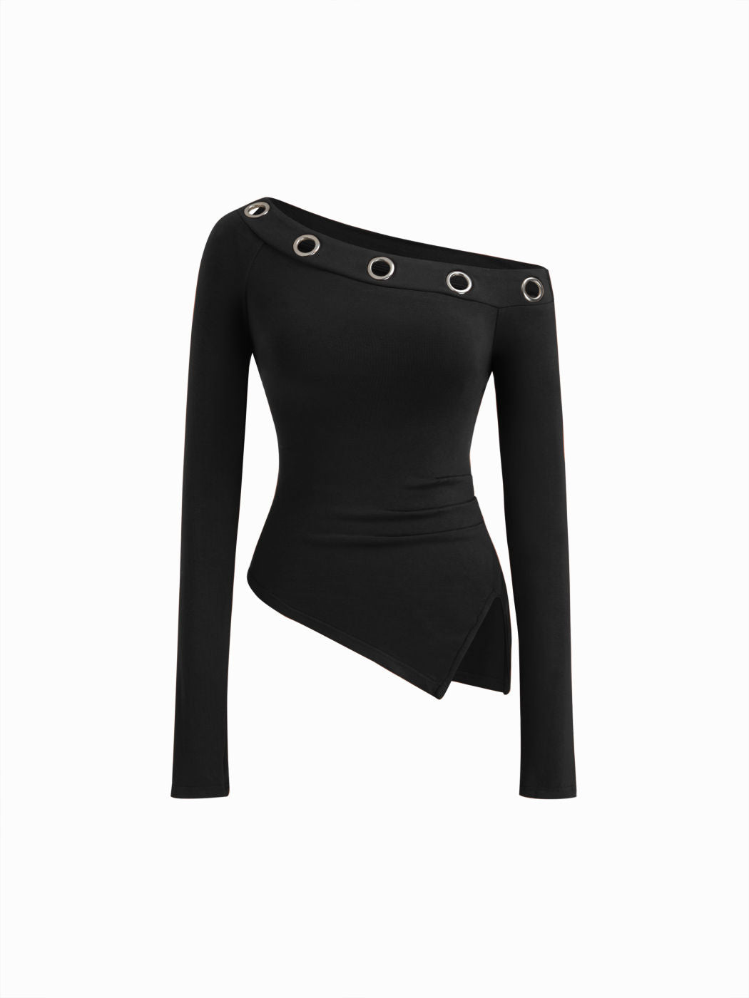 Asymmetrical Neck Long Sleeve Metal Detail Cut Out Ruched Split Top