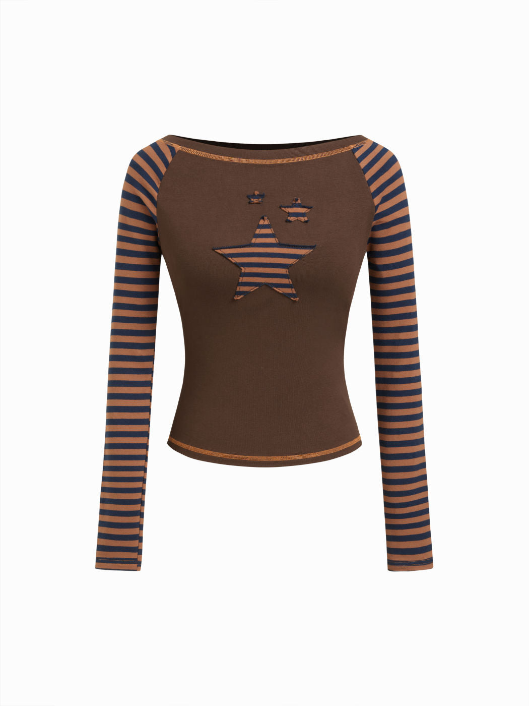 Cotton-blend Boat Neck Striped Star Appliques Tee