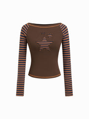 Cotton-blend Boat Neck Striped Star Appliques Tee