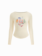 Cotton-blend Graphic Round Neckline Long Sleeve Top