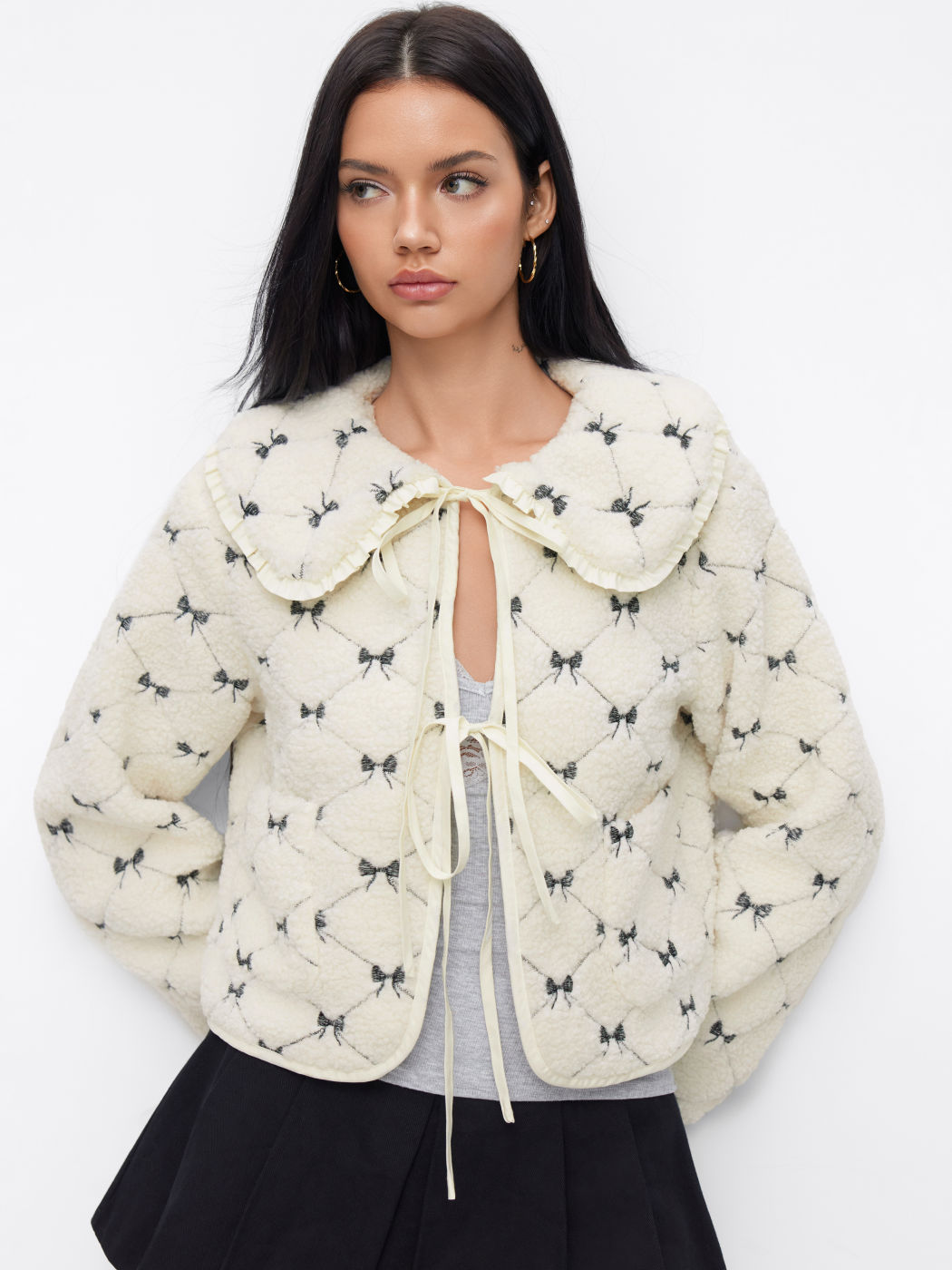 Fleece Peter Pan Collar Bowknot Embroidery Tie Front Oversized Jacket