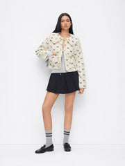 Fleece Peter Pan Collar Bowknot Embroidery Tie Front Oversized Jacket