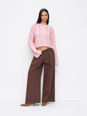 Cable Knit Round Neckline Oversized Long Sleeve Crop Top