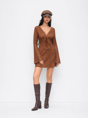 Textured V-neck Bell Sleeve Lettuce Trim Knotted Mini Dress