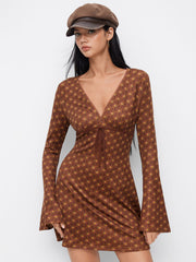 Textured V-neck Bell Sleeve Lettuce Trim Knotted Mini Dress