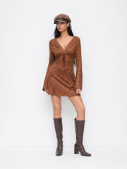 Textured V-neck Bell Sleeve Lettuce Trim Knotted Mini Dress