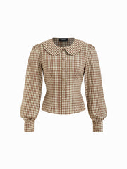 100% Cotton Peter Pan Collar Plaid Puff Sleeve Shirt