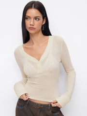 Wool-blend V-neck Button Long Sleeve Top
