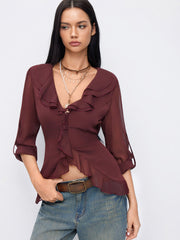 Chiffon V-neck Tie Back Lettuce Trim Ruffle See-through Blouse