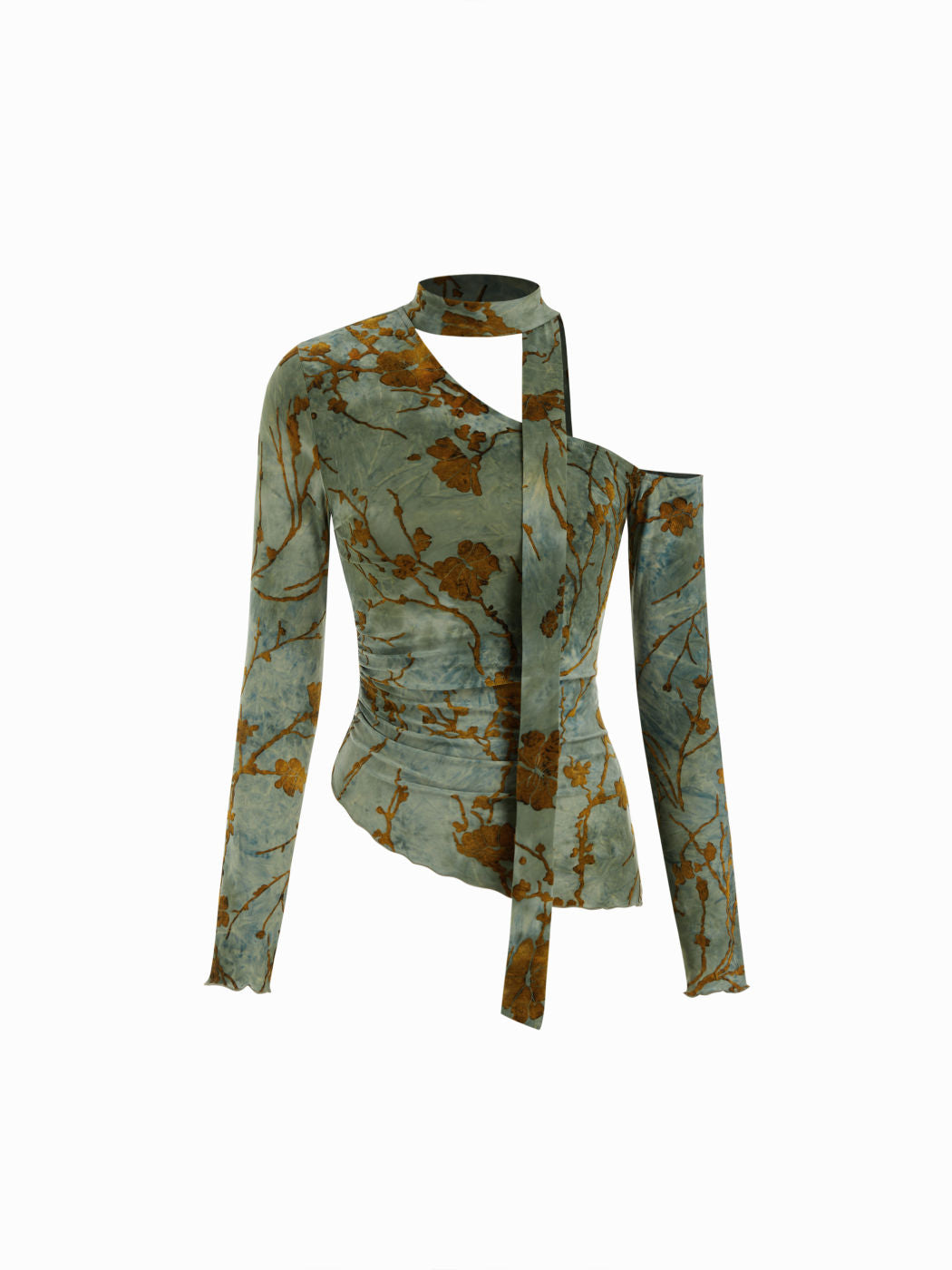 Asymmetrical Neck Floral Ruched Lettuce Trim Top With Scarf