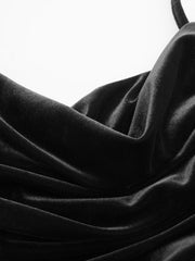 Velvet Halter Neckline Ruched Cami Maxi Dress With Scarf