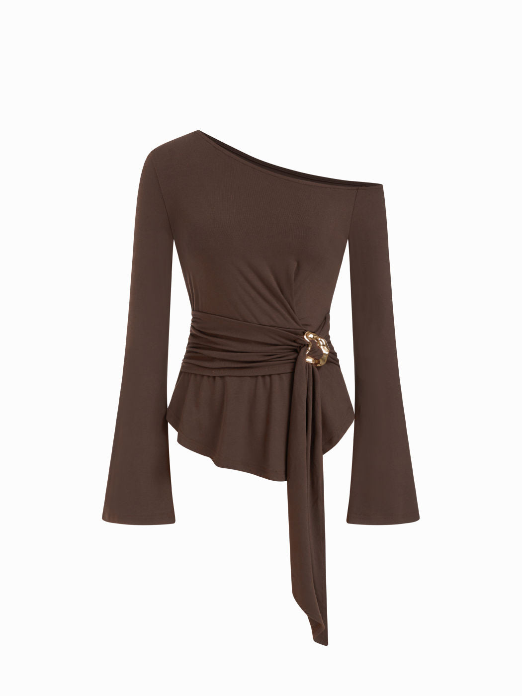 Asymmetrical Neck Metal Detail Draped Long Bell Sleeve Tee