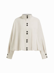 Polka Dot Stand Collar Puff Sleeve Cotton- blend Jacket