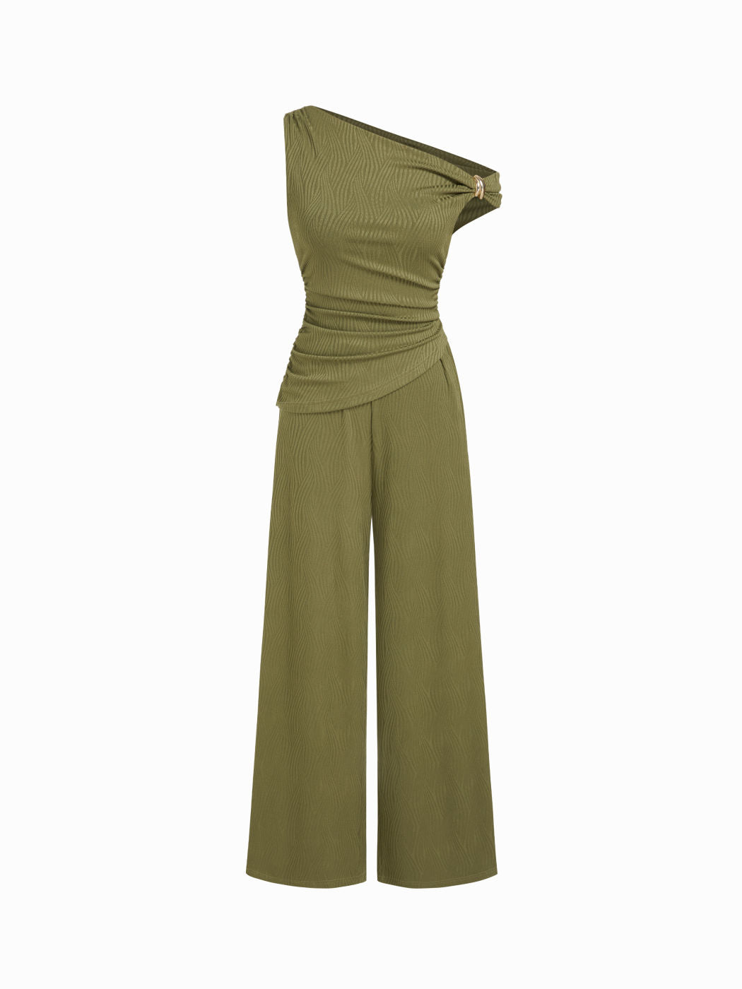 Jacquard Asymmetrical Neck Textured Ruched Metal Detail Jumpsuit