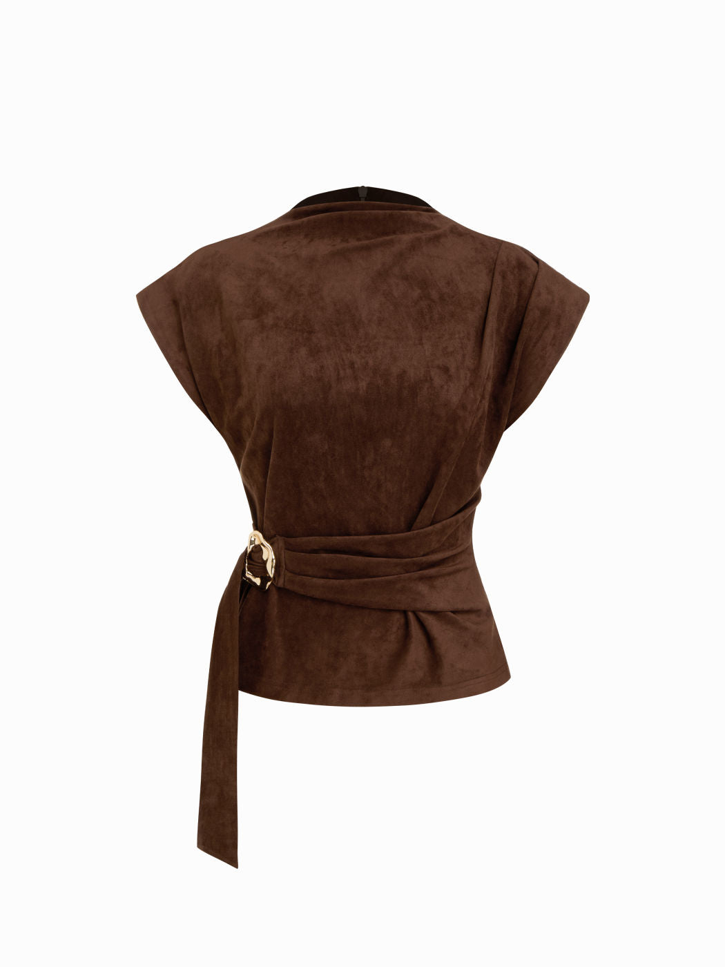 Suede Stand Collar Metal Detail Ruched Top