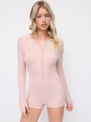 Brushed Fabric Round Neckline Long Sleeve Button Micro Romper