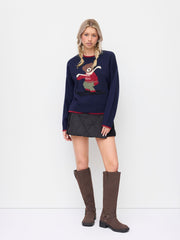 Knit Happy Bear Round Neck Contrasting Trim Sweater