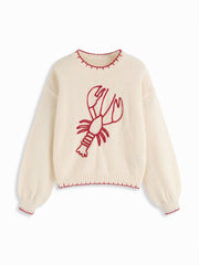 Knit Stripe Lobster Graphic Long Sleeve Contrasting Binding Oversized Sweater