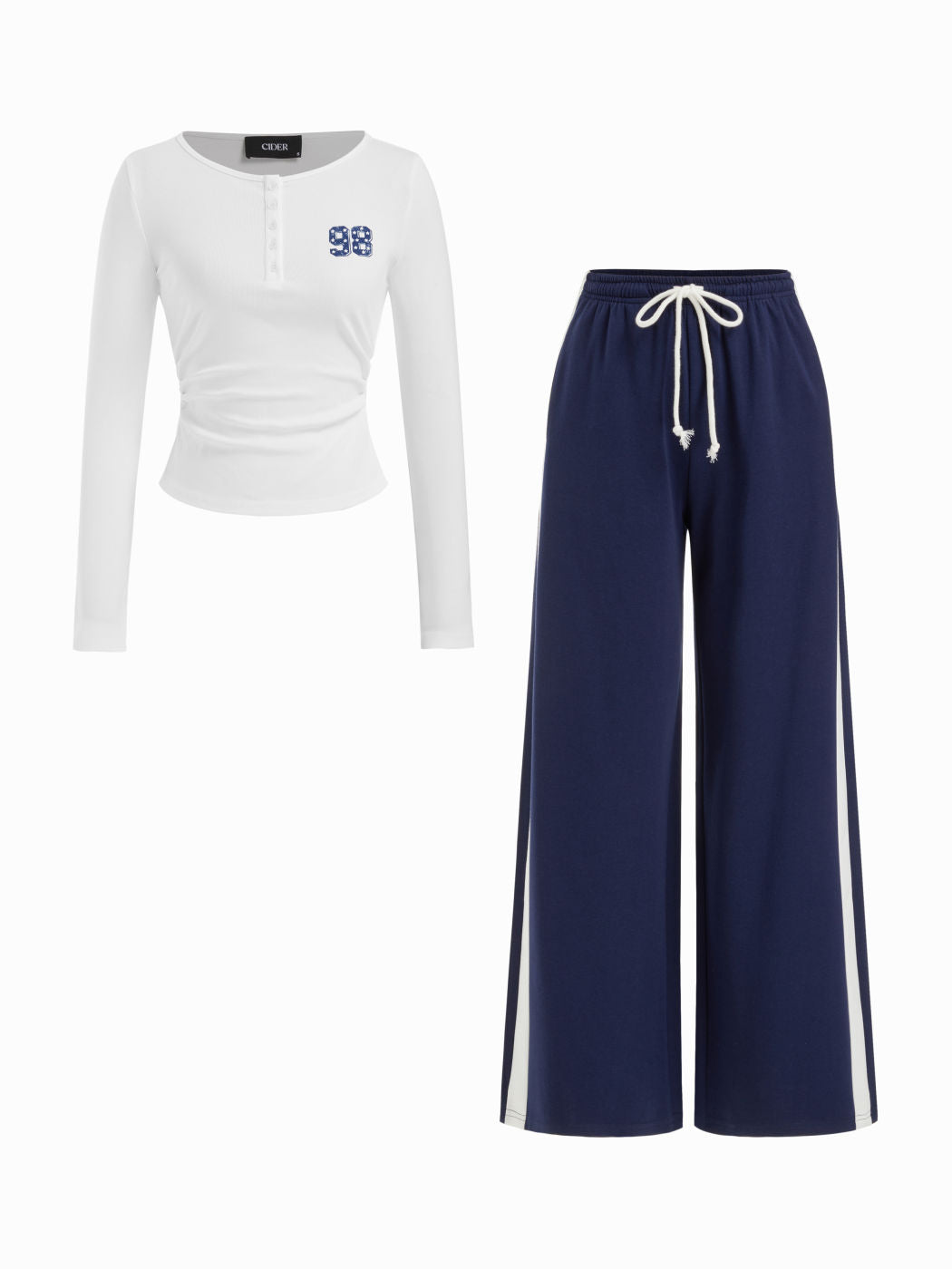 98 Cotton-blend Ruched Top & Low Rise Drawstring Wide Leg Trousers Set