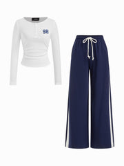 98 Cotton-blend Ruched Top & Low Rise Drawstring Wide Leg Trousers Set