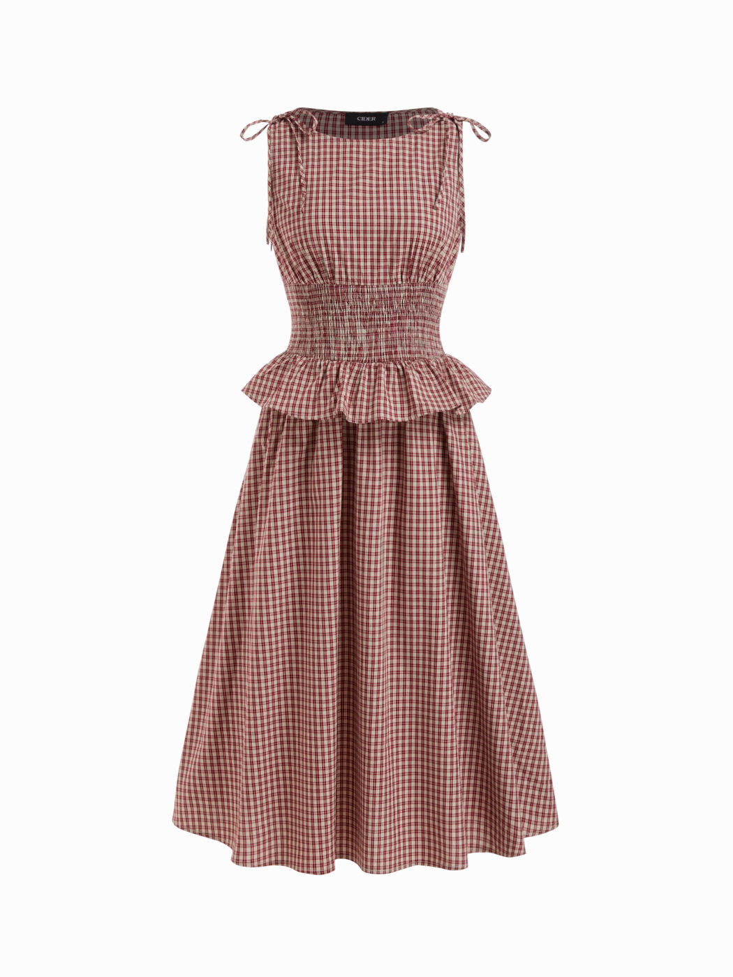 100% Cotton Boat Neck Plaid Shirred Ruffled Bowknot Midi Dress
