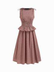 100% Cotton Boat Neck Plaid Shirred Ruffled Bowknot Midi Dress
