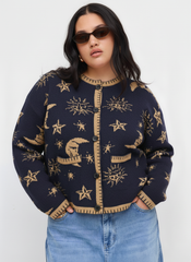 Knit Round Neckline Star Sun Moon Contrasting Binding Long Sleeve Cardigan Curve & Plus