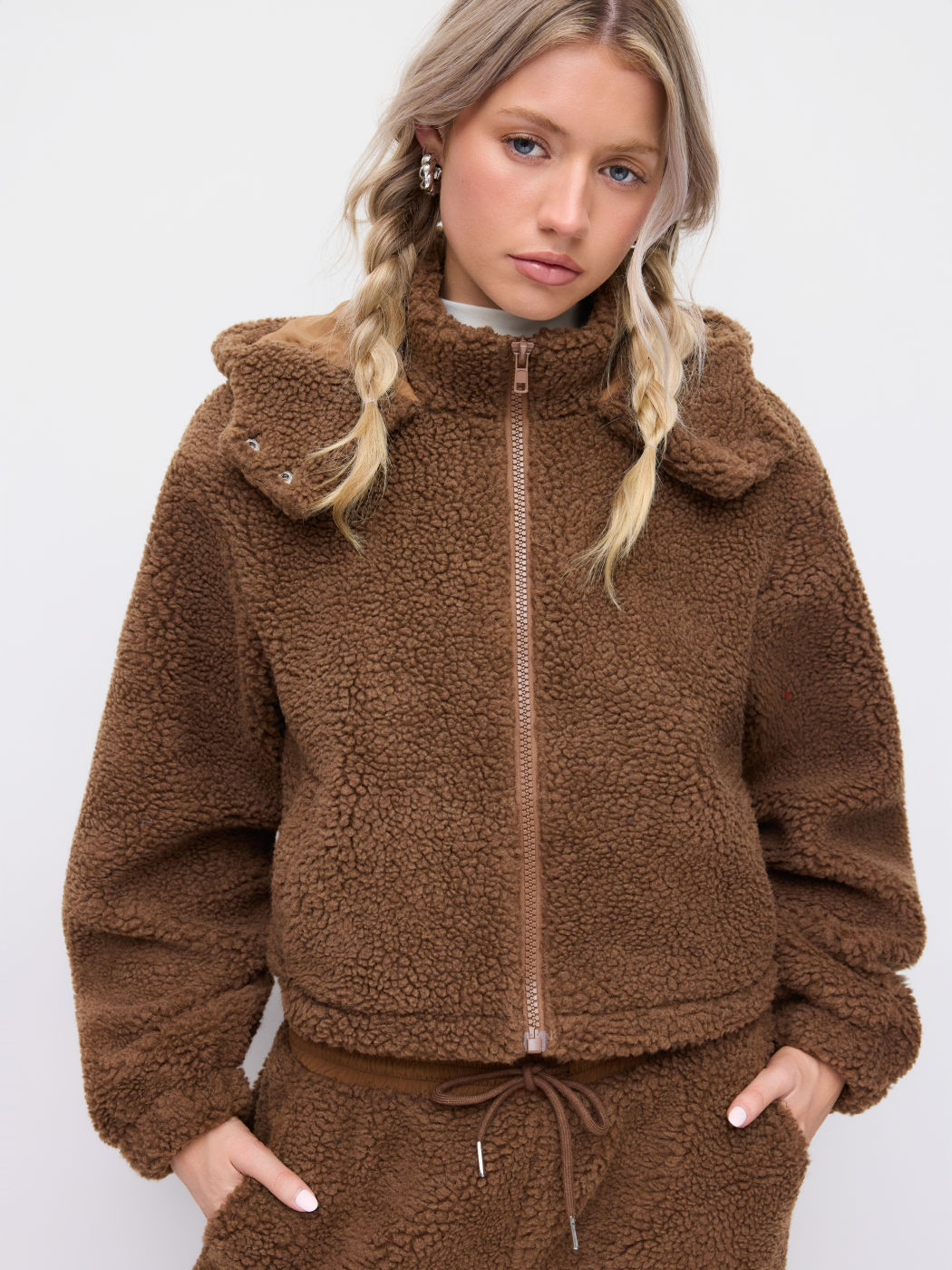 Fleece Hooded Drawstring Zip Through Oversized Jacket