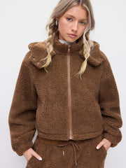 Fleece Hooded Drawstring Zip Through Oversized Jacket