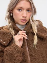 Fleece Hooded Drawstring Zip Through Oversized Jacket