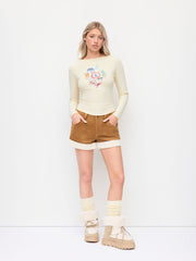 Cotton-blend Graphic Round Neckline Long Sleeve Top