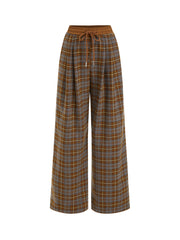 Wool-look Mid Rise Plaid Drawstring Wide Leg Trousers