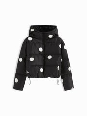 Polka Dot Zip Through Hooded Oversized Crop Puffer