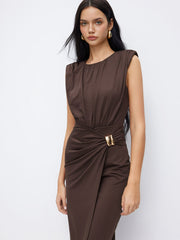 Round Neckline Ruched Metal Detail Maxi Dress