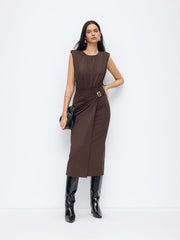 Round Neckline Ruched Metal Detail Maxi Dress