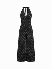 Cotton-blend V-neck Polka Dot Backless Straight Leg Jumpsuit