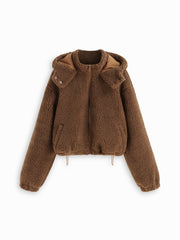 Fleece Hooded Drawstring Zip Through Oversized Jacket