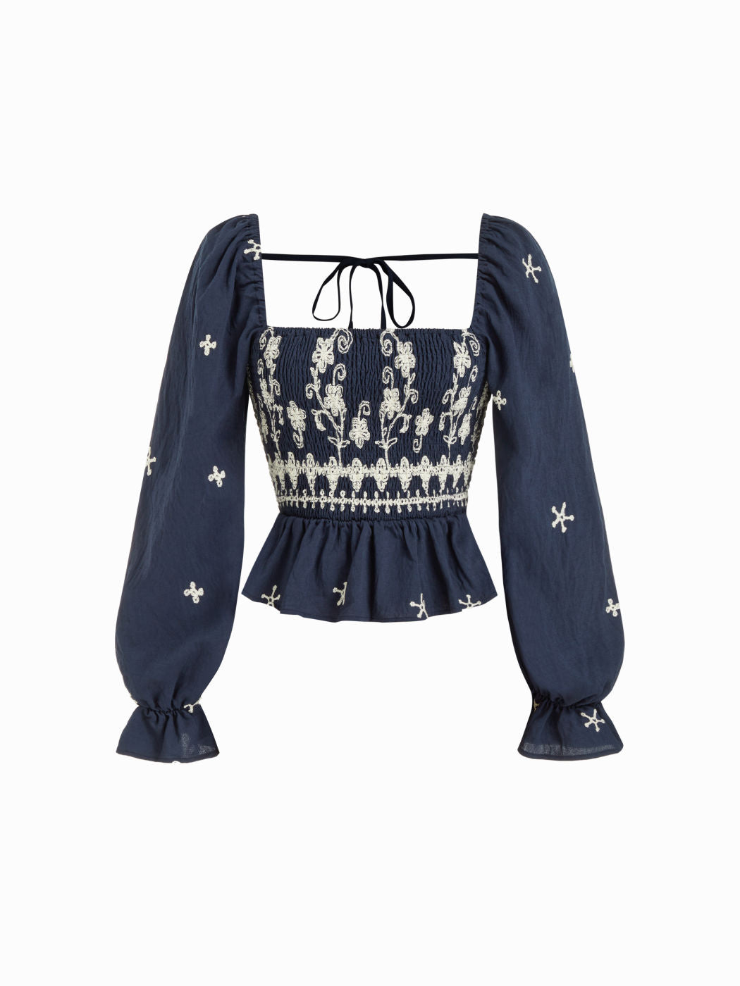 Floral Embroidery Square Neck Lantern Sleeve Shirred Ruffled Blouse