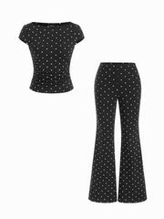 Cotton-blend Boat Neck Polka Dot Top & Mid Rise Flared Trousers Set