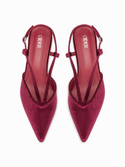VELVET POINTED TOE SLINGBACK CHUNKY HEELS